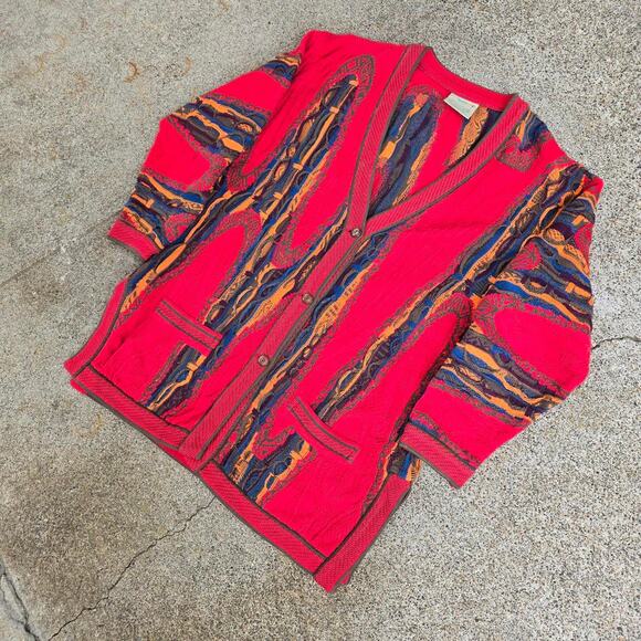 Vtg 90s COOGI Abstract Multicolor 3D Pattern Heavyweight Knit Cardigan Sweater M - Picture 2 of 7